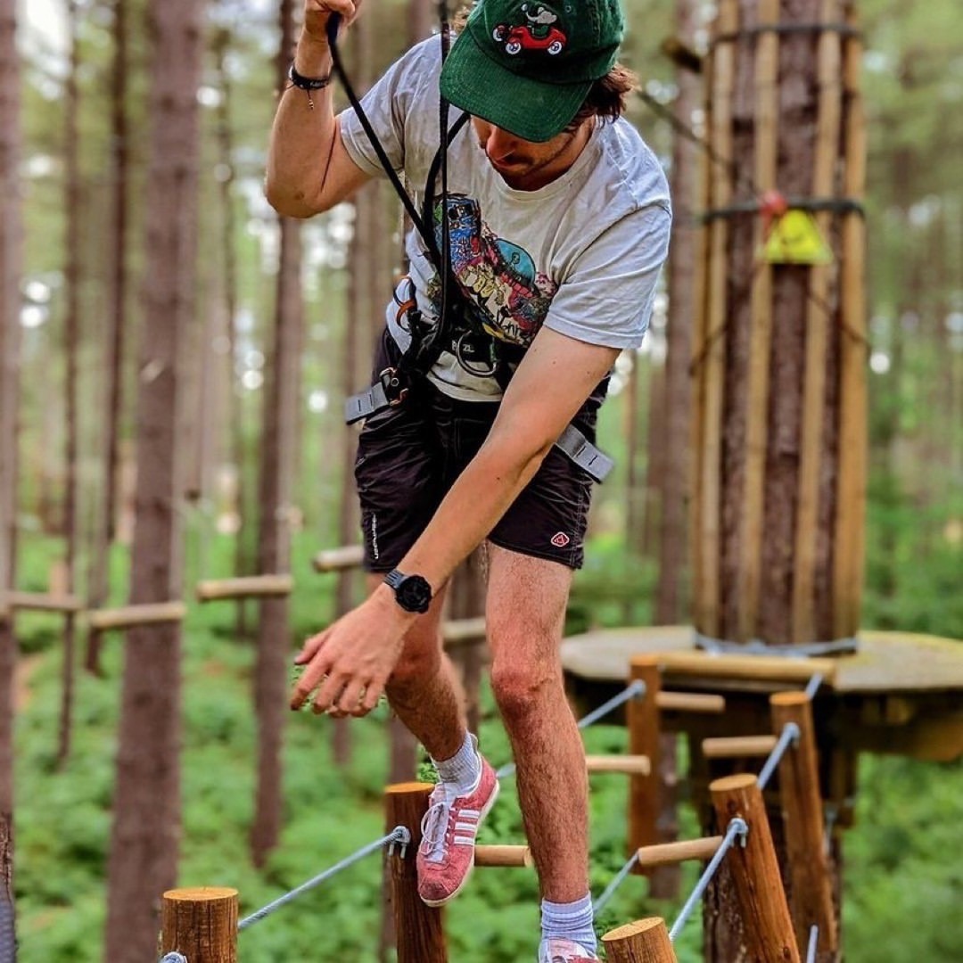 Man in grey on Go Ape Challenge Plus adventure