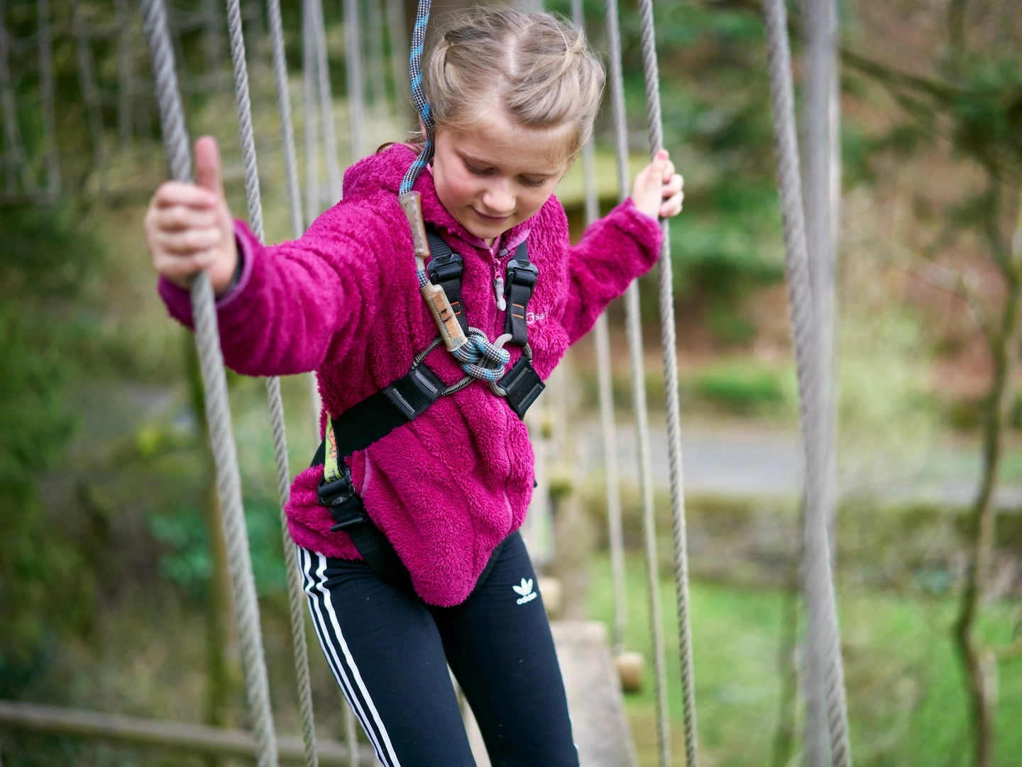Young person on a high ropes course.