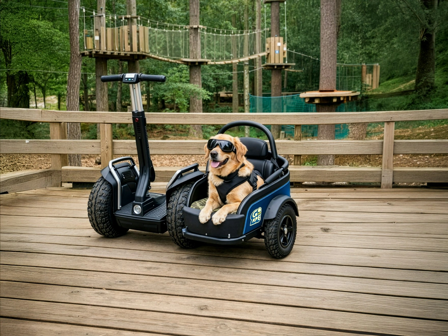 Story Competition Winners Hannah - hannahparker1209@gmail.com  I remember this so well. My daughter had been battling with a really tough time at school. Lots of anxiety, not wanting to go and really battling with herself in wanting to go and just couldn't. It was a Sunday and she was getting upset all day about the prospect of the next day. I saw an advert on Facebook about the sunset sessions, so I decided to book it for me and her to do together, get out and have some fresh air. We visited the Chelmsford one and it was just so beautiful, little fairy lights everywhere and lighted garden bulbs around the trees. It was magical. What was even more magical was it enabled my daughter Lola to just escape for 2 hours, to laugh, to forget everything and laugh at her poor old mum going so slow and holding on for dear life!  We have now made it our thing to go every year on the Sunday nearest her birthday and we just have the best time!  Nick - nickkblamo@aol.com  I think my story is a story of pride. I went to the Delamere Go Ape with my 70-year-old father, my brother and my sister-in-law.  My sister-in-law was petrified but still she faced her fears. When we got to the part where you jump off into the net[Tarzan Swing], she was going to miss it out, but then she decided to face the biggest fear.  I went first, then her, then my dad and brother. It took her a while to be able to jump, and she was visibly undermining herself, but eventually she did jump. She clung to the net on the other side and froze. Again, we encouraged her to face her fear and climb. I held her hand and talked her up. I was so very proud of her, we all were….and this isn’t even taking into account how proud I was that my dad was not restricted by his age. It’s a testament to not letting fears or age restrict you. We had such a great time, and I can’t wait to do it again.  Olly - olly-roy@hotmail.co.uk It had been over a year since I saw my sister. Life got in the way, and I never made the effort to go and connect with her. But one day we decided to make it happen - she came to London and I surprised her by booking Go Ape at Battersea! It was sensational. What surprised her even more, was when I chose the Xtreme route and made her follow me. I really did see a different side of her up in the trees. I hope she won't mind me sharing but tears were involved. Alot of tears. We cried through it, got to the end! And we're closer than ever!  A day we won't forget! Wendy - knowltonsmith@btinternet.com Myself and my friends did Go Ape for my hen weekend and absolutely loved it. We stayed at a bunkhouse near Windermere and did the course at Grizedale fully kitted out in spider girl costumes. This included my Mum, and as one person had to drop out, my Dad came along as an honorary spider girl too, complete with skintight jumpsuit, mask and boots. The photos swinging through the trees were fabulous and it was a great memory to look back on. We have two children now who are dying to try out the courses once they are old enough!  Stacey - staceysargeant9@gmail.com For our 10th wedding anniversary, we decided to trade a traditional dinner for the treetops, and it was the perfect way to mark a decade together. Taking on the Treetop Challenge at Go Ape definitely pushed us out of our comfort zone, especially when faced with those wobbling bridges and the daunting Tarzan Swings. There’s no better way to reconnect than cheering each other on from forty feet up; it turned a milestone celebration into a high-adrenaline bonding session that was heaps of fun. Scaling those heights reminded us that even after ten years, we can still surprise each other, leaving us with a massive sense of achievement and a shared memory that feels far more ""us"" than a fancy restaurant ever could.  A golden retriever wearing goggles in a Go Ape Forest Sidecar