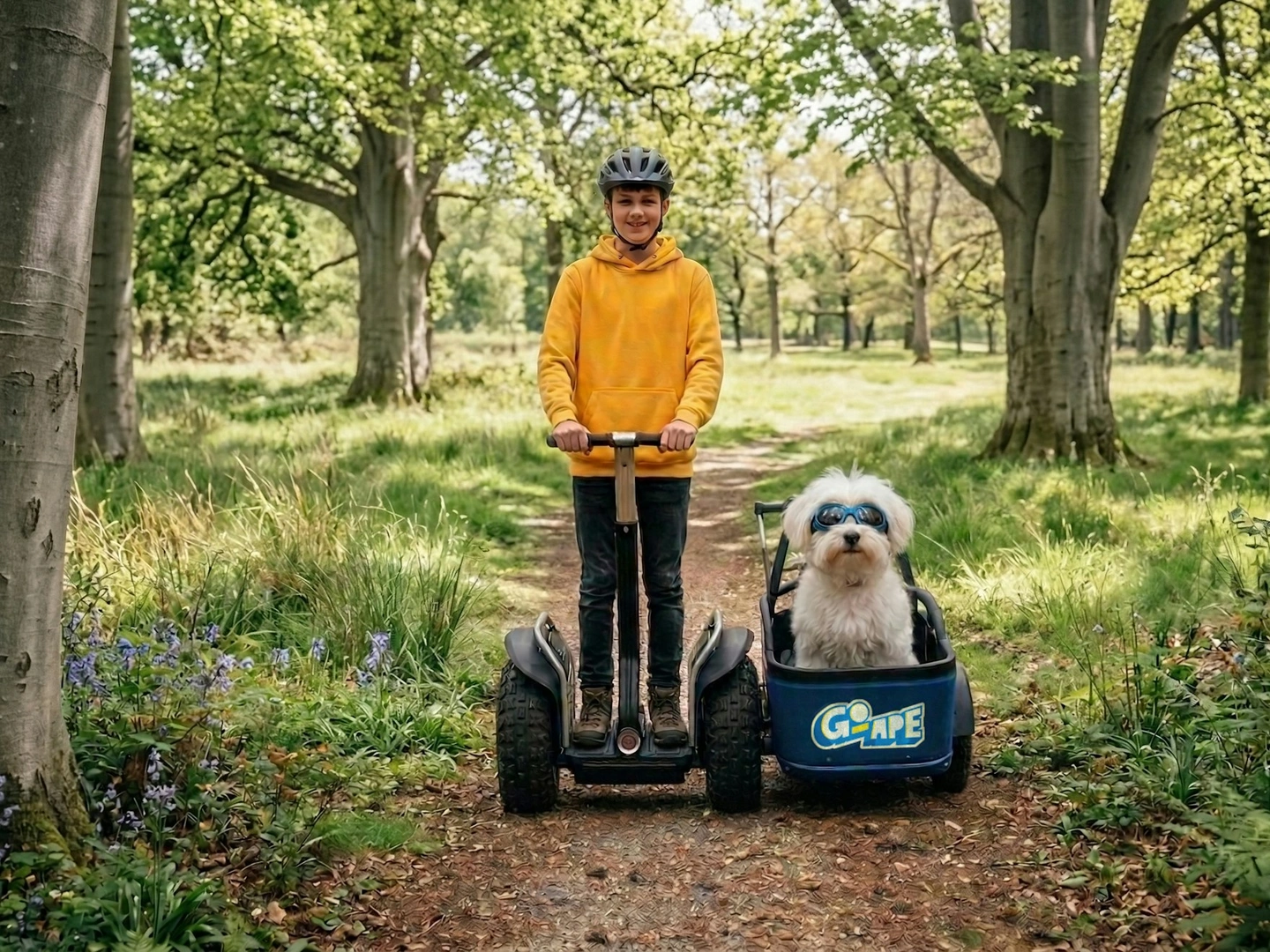 A teenager and his white fluffy dog ride a Go Ape Forest Sidecar down a woodland trail
