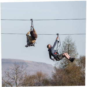 A couple riding Go Ape zip wires above a forest