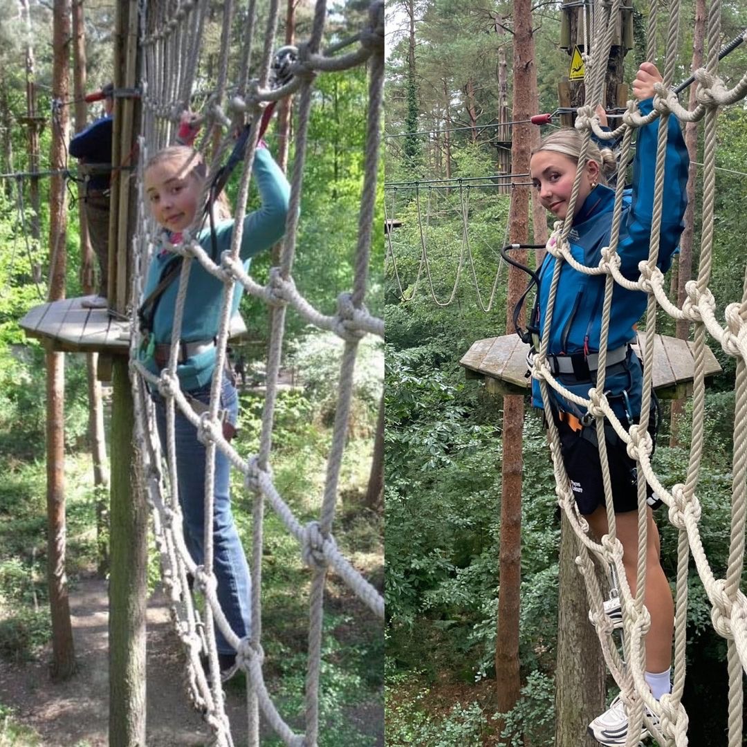 Go Ape instructor Izzy on a Treetop Challenge high ropes crossing recentely and 12 years ago