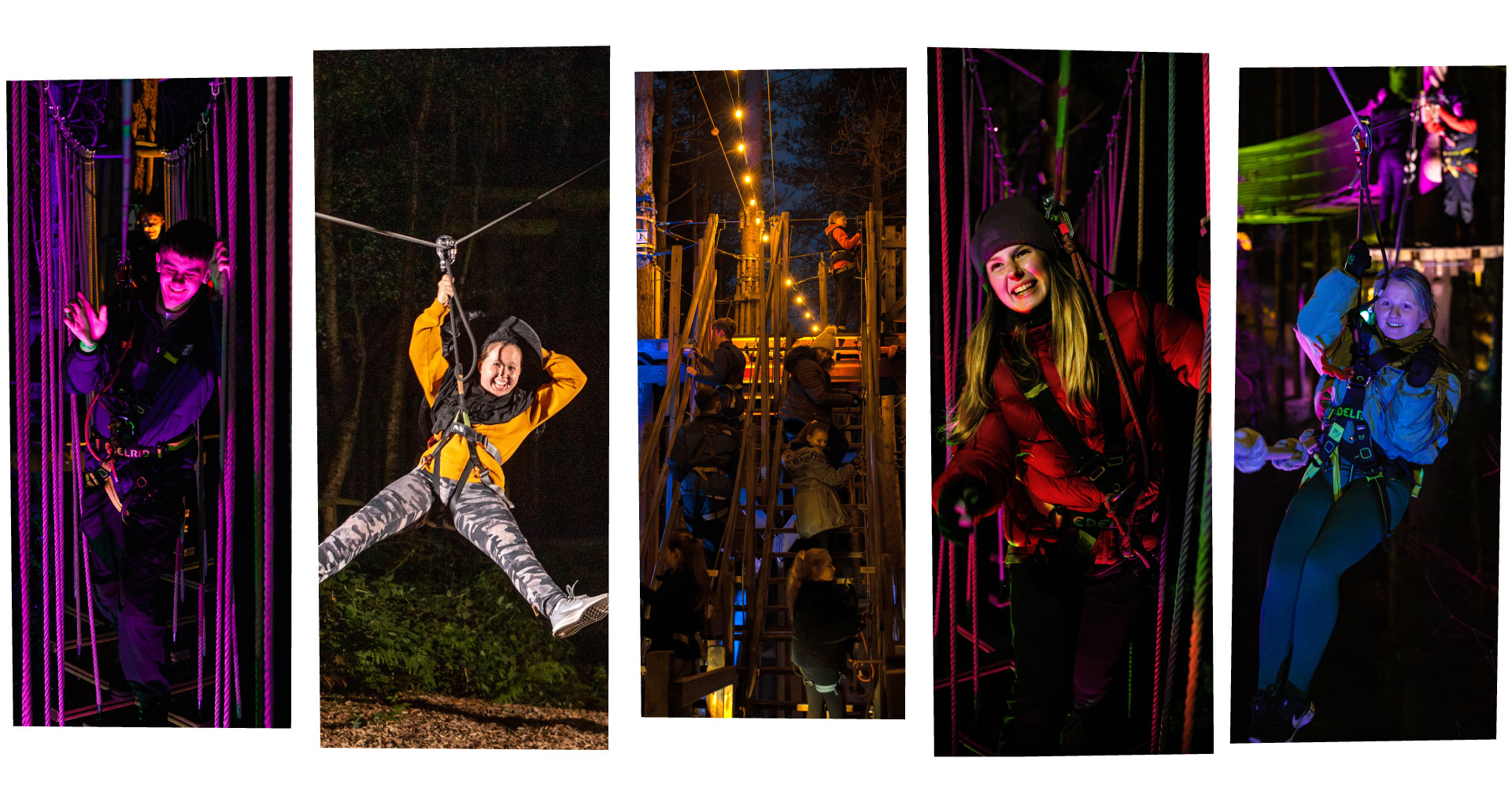 a collection of image of corporate groups having great fun ona Go Ape Sundown Adventure team building day experience