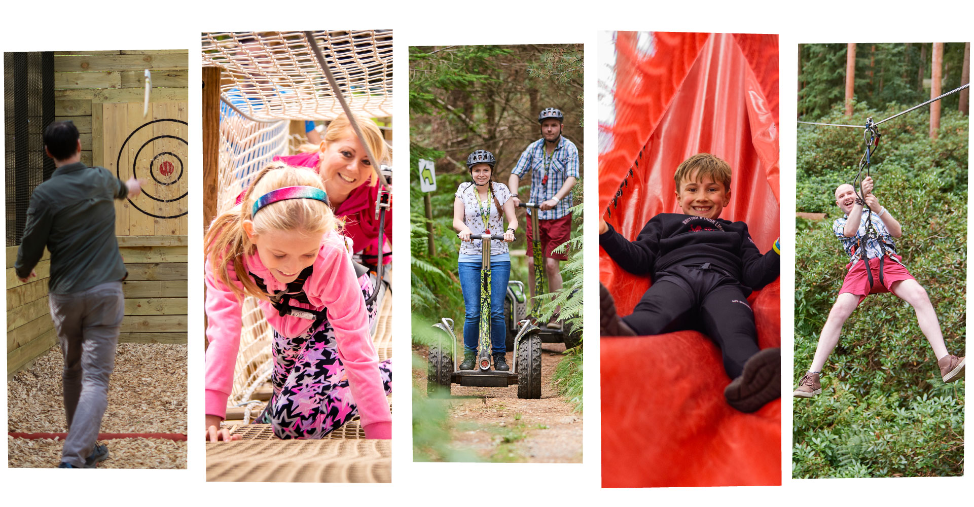 A selection of images of people enjoying adventures in Saltorck clothing, inlcuding surfing, children playing at the beach with their dad and on Go Ape experiences int he forest