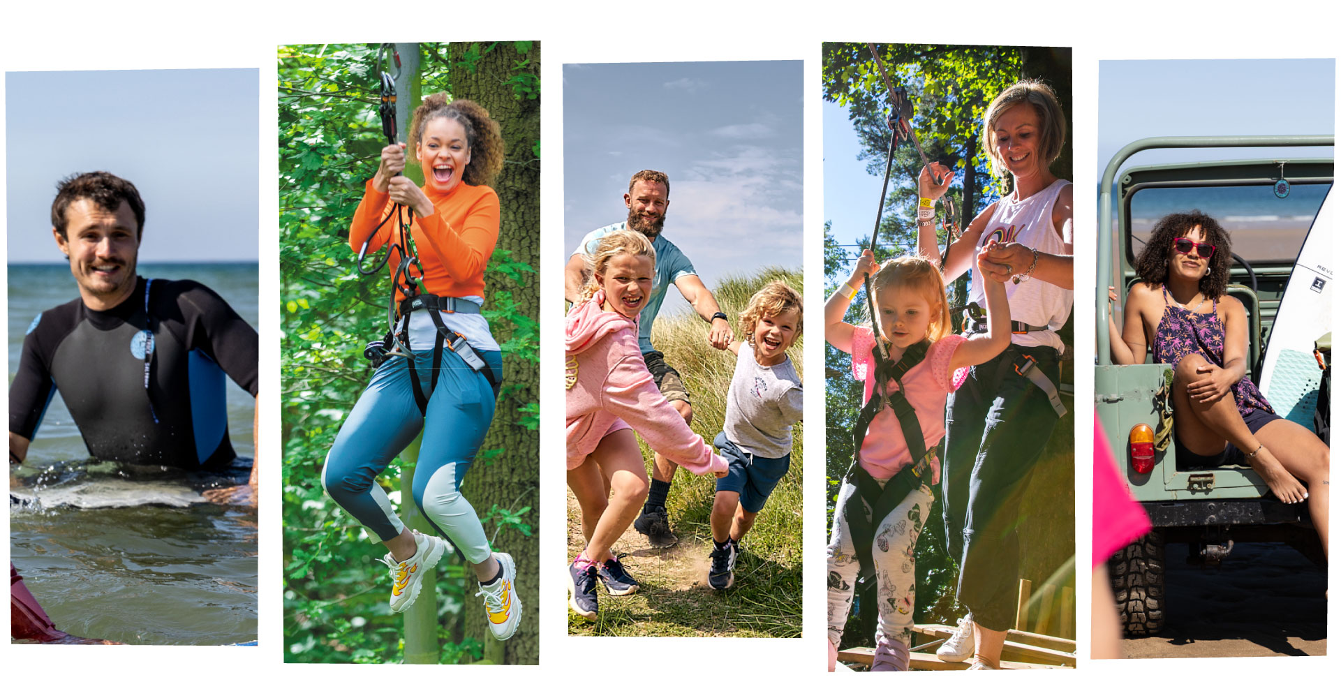 A selection of images of people enjoying adventures in Saltorck clothing, inlcuding surfing, children playing at the beach with their dad and on Go Ape experiences int he forest