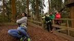 Family on Go Ape Treetop Challenge with dad on a zip landing site