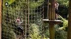 A woman with pink hair on a Go Ape Tawzan Swing