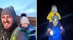 a man carring his son an a hike in th eday and at night