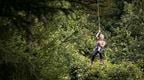 Woman in purple on Go Ape Dalby Forest Treetop Challenge zip line