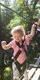 A small child smiles as she leads her mum across a Go Ape treetop crossing